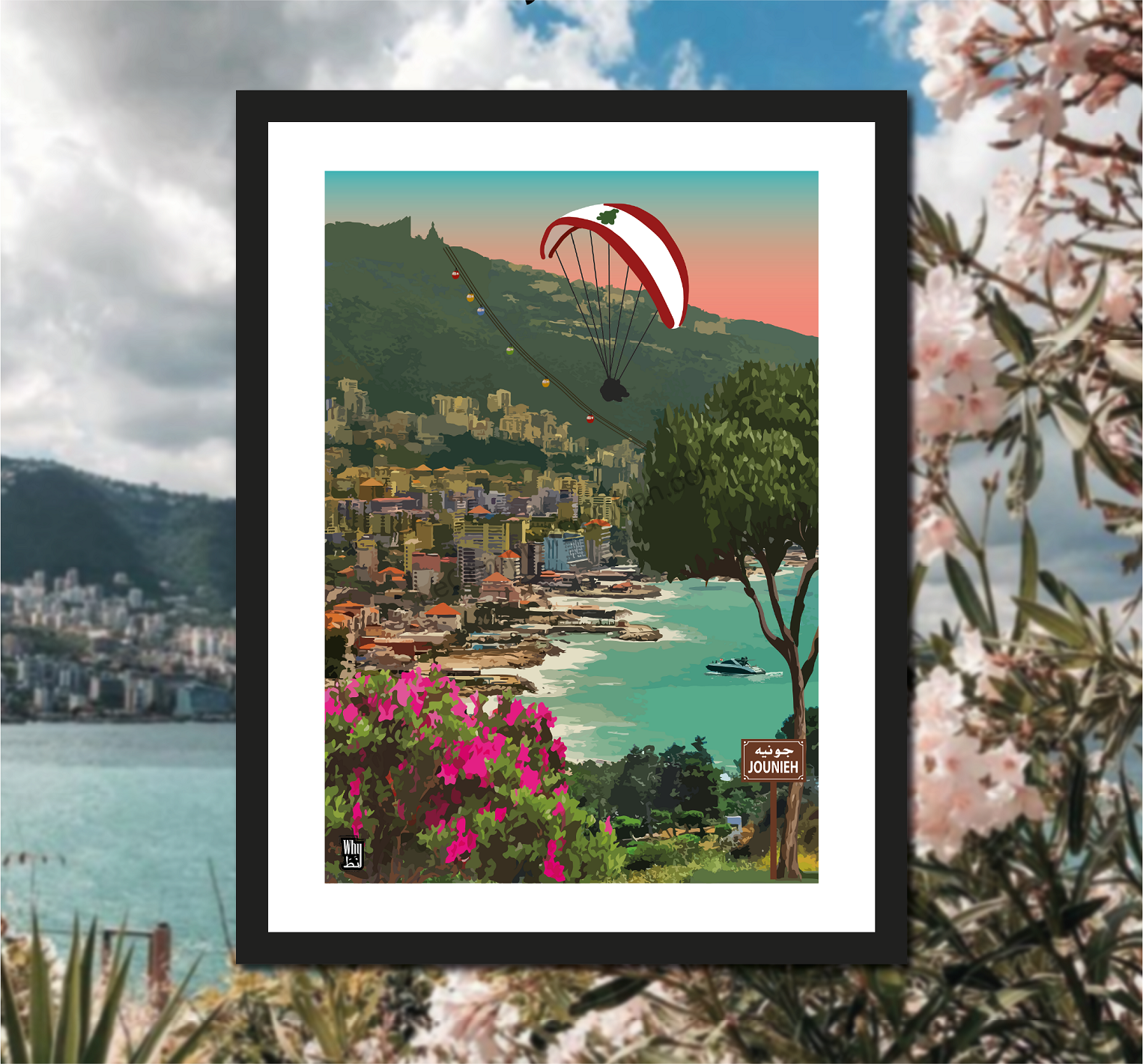 Jounieh Coucher de soleil | Parapente Jounieh | Beyrouth Liban | Impression d'art libanaise | format A4 | Beyrouth | بيروت | Affiche du Liban